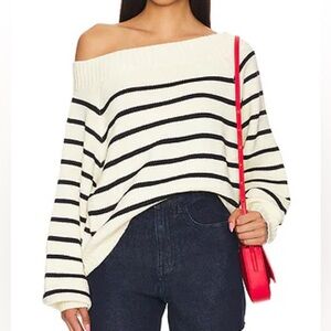 WeWoreWhat Cream and Black Off-Shoulder Sweater
